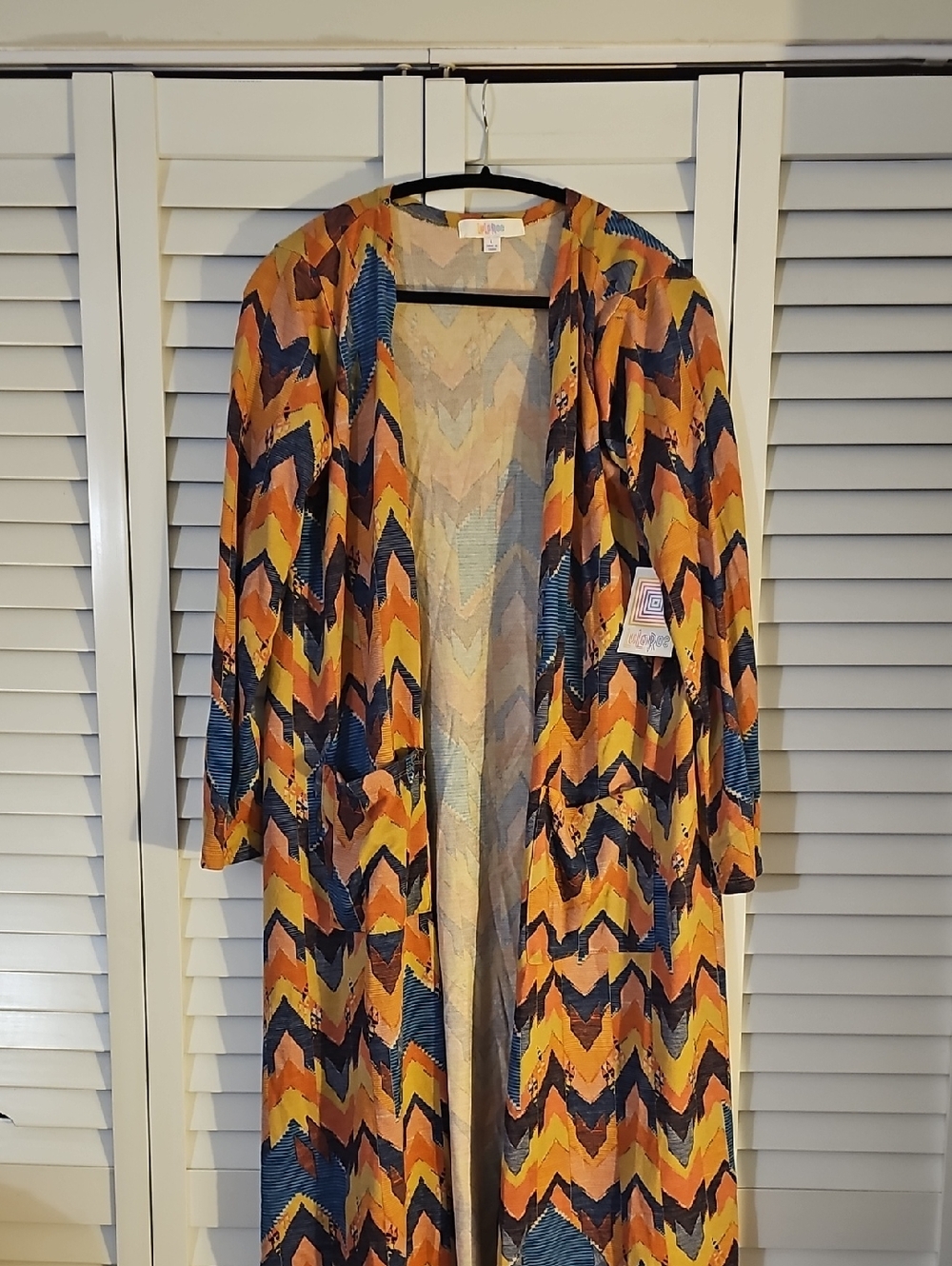 LulaRoe Long Open-Front Chevron Cardigan - Multicolor (Mustard, Navy, Orange)